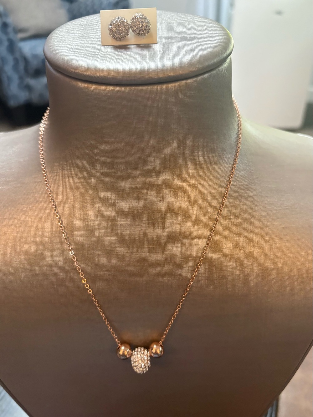 Crystal Accent Rose Gold Necklace and Stud Earrings Set